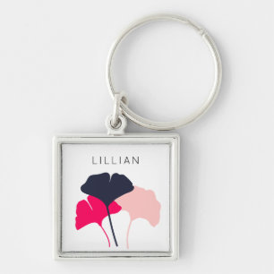 Porte-clés Joli Feuille personnalisé Navy Blue & Pink Ginkgo