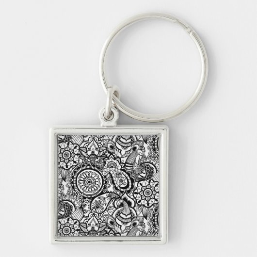 Porte-clés Joli floral paisley noir blanc (Devant)