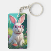 Porte-clés Joli lapin blanc assis sur de l'herbe verte (Dos)