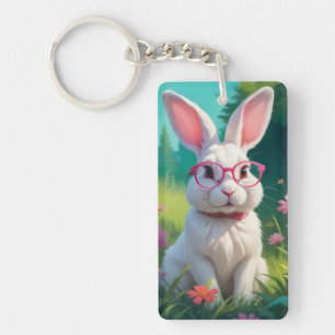 Porte-clés Joli lapin blanc assis sur de l'herbe verte