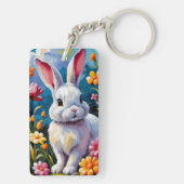 Porte-clés Joli Lapin Blanc Entouré de Fleurs Vibrantes (Dos)