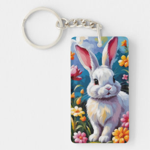Porte-clés Joli Lapin Blanc Entouré de Fleurs Vibrantes