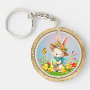 Porte-clés Joli lapin de Pâques et joyeuses fleurs de printem