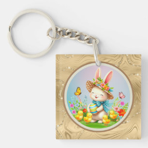 Porte-clés Joli lapin de Pâques et joyeuses fleurs de printem