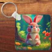 Porte-clés Joli lapin rose sur l'herbe verte (Recto)