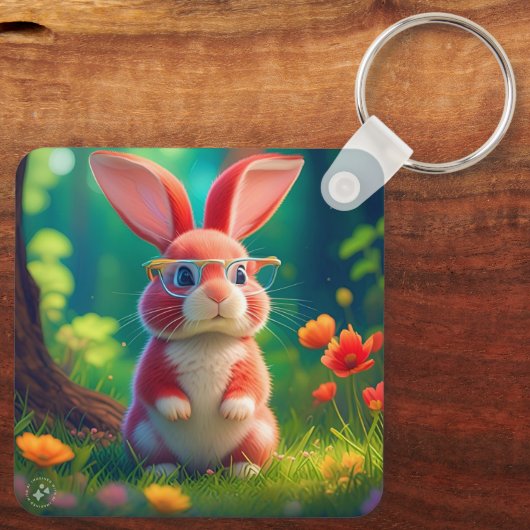 Porte-clés Joli lapin rose sur l'herbe verte (Verso)