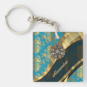 Porte-clés Joli modèle personnalisé girly aqua damask modèle