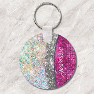 Porte-clés Joli monogramme faux paillettes rose iridescent ar