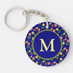 Porte-clés Joli motif de rose bleue avec monogramme