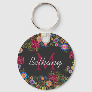 Porte-clés Joli motif floral sombre orné personnalisé