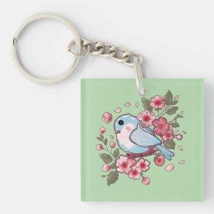 Porte-clés Joli oiseau bleu de printemps et aquarelle de fleu