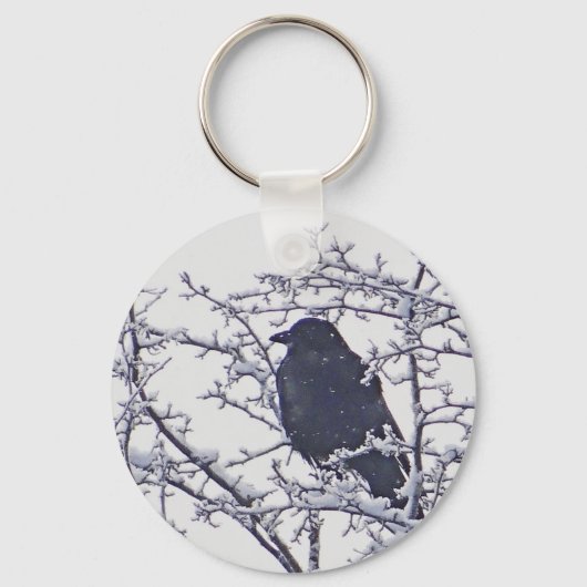 Porte-clés Joli oiseau noir en branches enneigées (Recto)