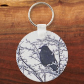 Porte-clés Joli oiseau noir en branches enneigées (Recto)