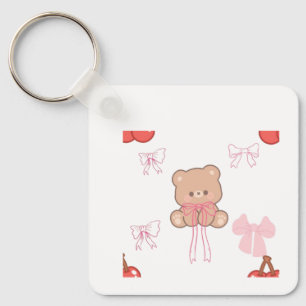 Porte-clés Joli ours en peluche rose arc-en-ciel ruban coquet