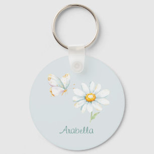 Porte-clés Joli papillon et marguerite à l'aquarelle pastel