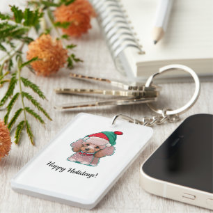 Porte-clés Joli petit caniche avec un chapeau de Noël