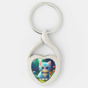 Porte-clés Joli petit chat bleu portant des lunettes-47067