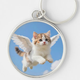Porte-clés Joli Petit Chat Calico Tabby Volant Ciel Bleu