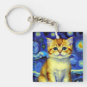 Porte-clés Joli Petit Chat Nuit Étoilée Van Gogh