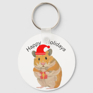 Porte-clés Joli petit hamster de Noël tenant un cadeau