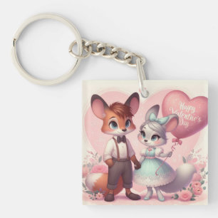 Porte-clés Joli renard de caricature Saint Valentin