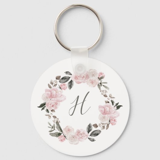 Porte-clés Joli rose Aquarelle Fleurs | Monogramme (Recto)