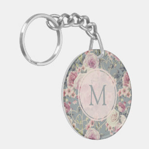 Porte-clés Joli rose floral et perles Monogramme fille