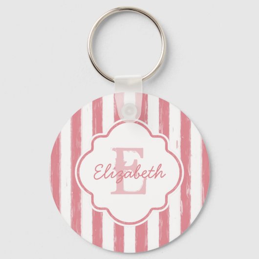 Porte-clés Joli rose peint rayures Monogramme et nom (Recto)