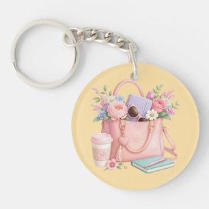 Porte-clés Joli sac à main floral rose avec fond jaune