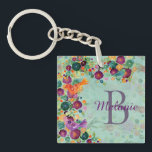 Porte-clés Jolie aquarelle Oiseaux et fleurs Personnalisé<br><div class="desc">Une aquarelle colorée d'oiseaux presque camouflée dans un jardin de fleurs. Personnalisez avec le nom et l'initiale.</div>