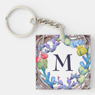 Porte-clés Jolie aquarelle Rustique Cactus Monogramme