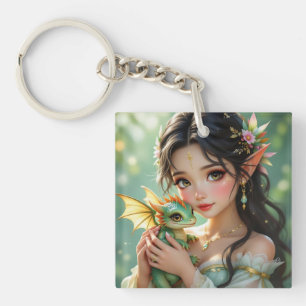 Porte-clés Jolie fée elfe et dragon personnalisé éthéré