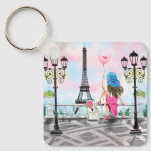 Porte-clés Jolie femme et ballon de coeur rose - I Love Paris