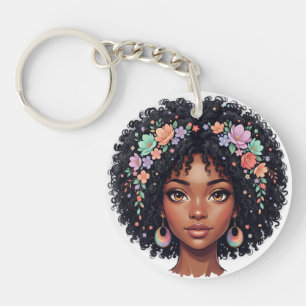 Porte-clés Jolie Fille Noire avec Couronne de Fleurs Afro