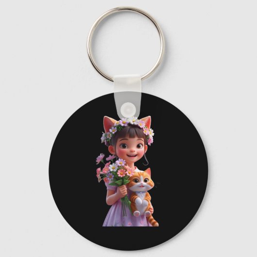Porte-clés Jolie fille serrant un chat dans ses bras design u (Recto)