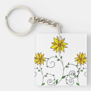 Porte-clés Jolie Fleurs Jaunes Blancs Doodle Art