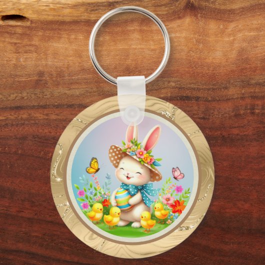 Porte-clés Jolie Lapin de Pâques et joyeux Fleurs de Printemp (Recto)