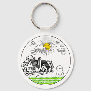 Porte-clés *Jolie maisonnette et chiot avec soleil souriant –