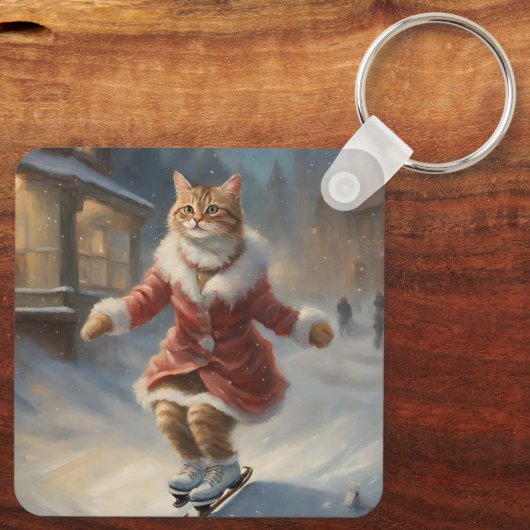 Porte-clés Jolie Noël Patinage de chat Jouer (Verso)