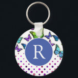 Porte-clés Jolie papillons et points Monogramme<br><div class="desc">Porte - clé monographie avec de jolis papillons et des points design en bleu,  vert et violet.</div>