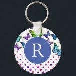 Porte-clés Jolie papillons et points Monogramme<br><div class="desc">Porte - clé monographie avec de jolis papillons et des points design en bleu,  vert et violet.</div>