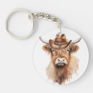 Porte-clés jolie vache à l'aquarelle avec un chapeau