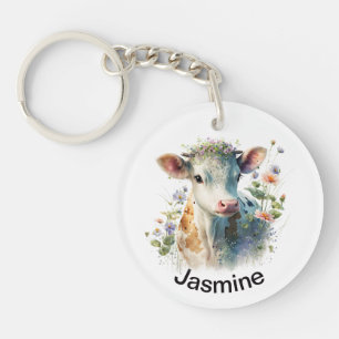 Porte-clés Jolie vache avec votre nom aquarelle florale ferme