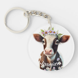 Porte-clés Jolie vache brune votre nom aquarelle florale ferm
