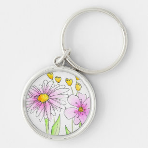 Porte-clés Jolies fleurs aquarelles roses et jaunes