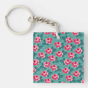 Porte-clés Jolies roses roses et motif à pois sur sarcelle