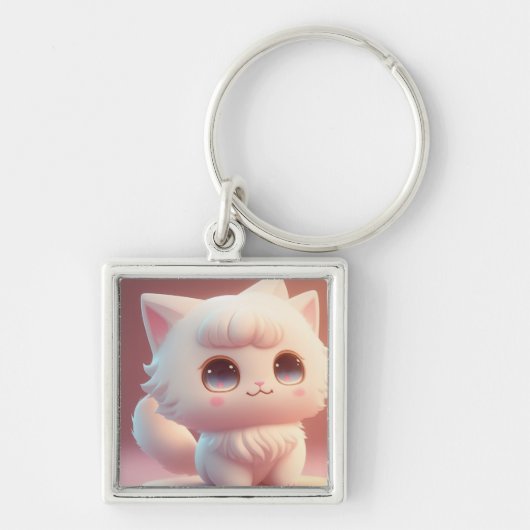 Porte-clés Jolis Grands Yeux Chat Blanc Fluffy (Devant)