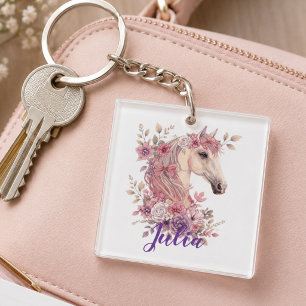 Porte-clés Jolis Noms Personnalisés de Licorne Pastel Fleurie