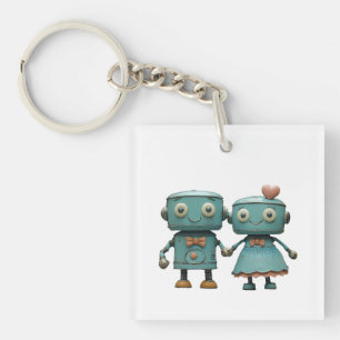Porte-clés Jolis robots vintage amoureux en couple en art