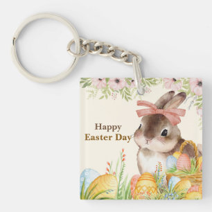 Porte-clés Joyeuse fête de Pâques au lavis floral Lapin avec